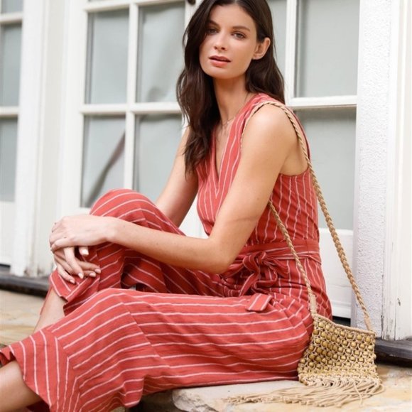 Rust Striped V-Neck Self-Tie Belt Flare Hem Wide Leg Jumpsuit - Picture 4 of 5